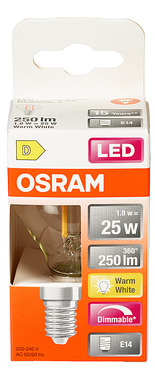 LYSPÆRE LED Cl p 25 klar dim 827 e14 osram
