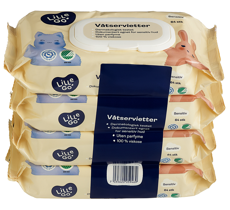 VÅTSERVIETTER Plastfri 4 x 64 stk Lillego