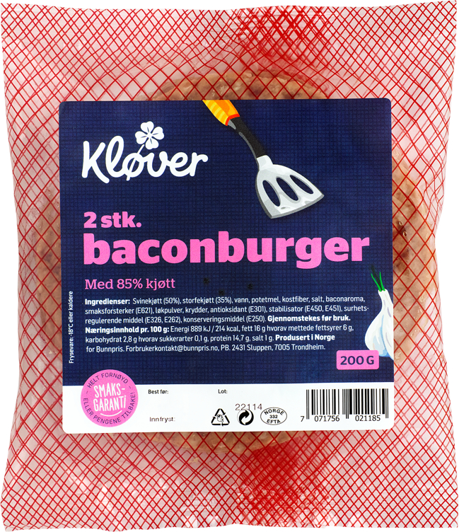 Bilde av KLØVER BACONBURGER RÅ 85% 2 x 100 g Frys